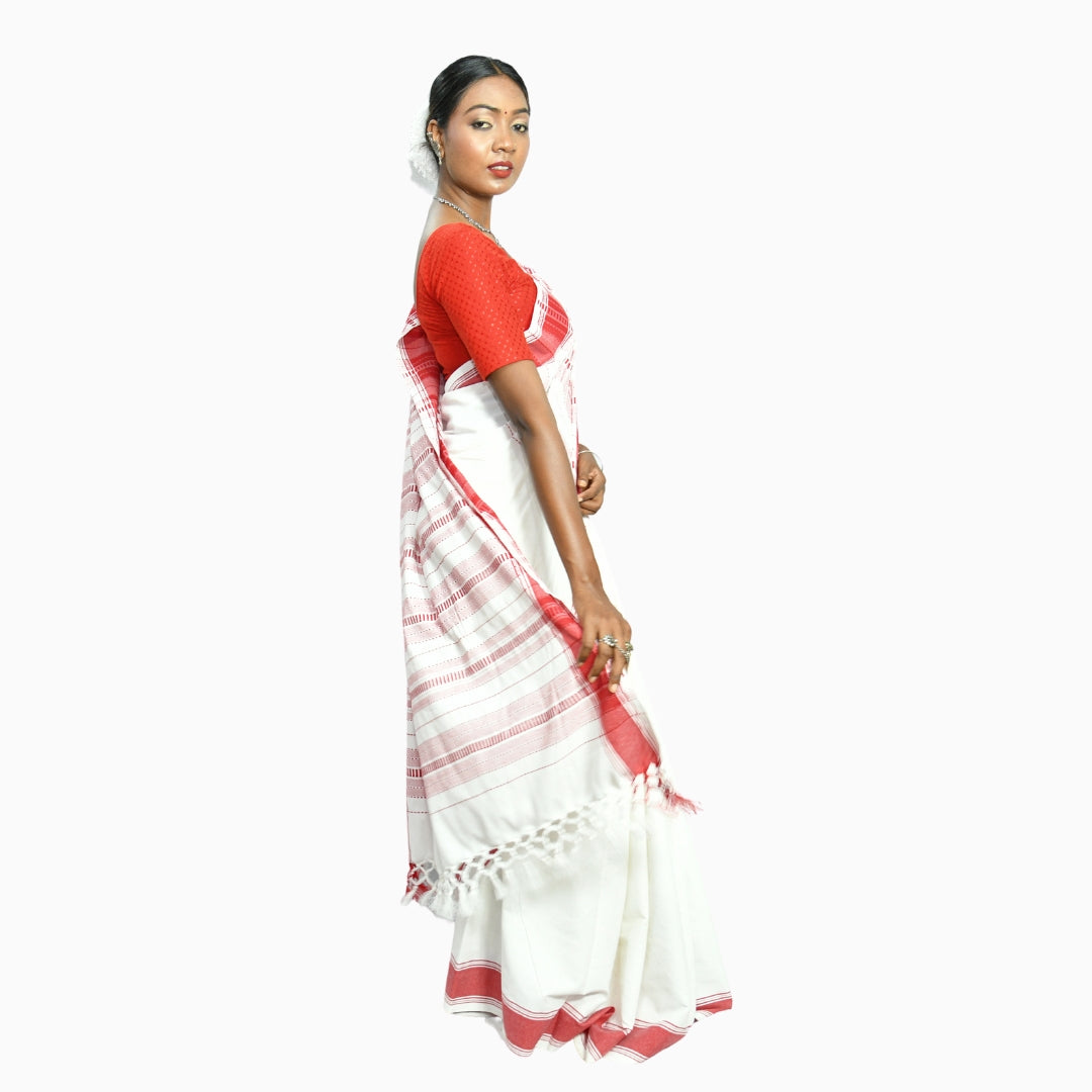 Johar Tribal Mart Adivasi Selfie Saree Cotton White & Red