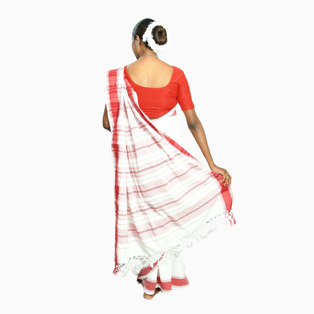 Johar Tribal Mart Adivasi Selfie Saree Cotton White & Red