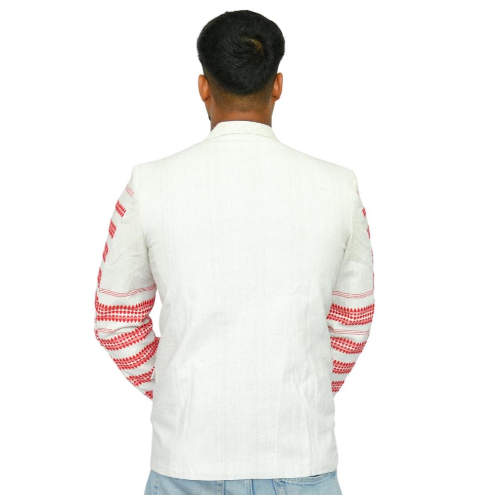 Johar Tribal Mart Kukhena Adivasi Blazer Khadi White & Red