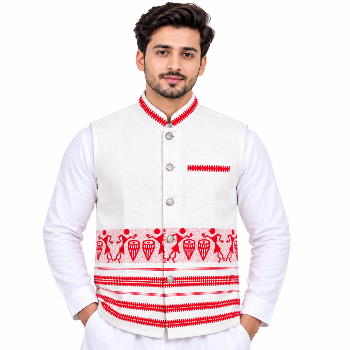 Johar Tribal Mart Men’s Khadi Cotton Tribal Design Bundi – Traditional Ethnic Wear D01