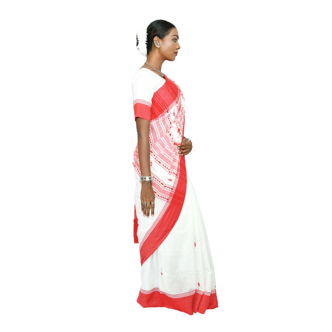 Johar Tribal Mart Adivasi Cotton Saree High Quality White & Red