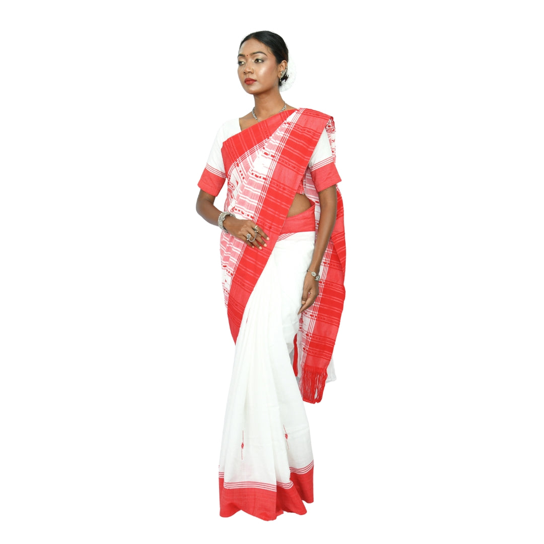 Johar Tribal Mart Adivasi Cotton Saree High Quality White & Red