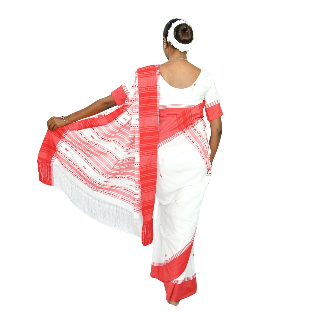 Johar Tribal Mart Adivasi Cotton Saree High Quality White & Red