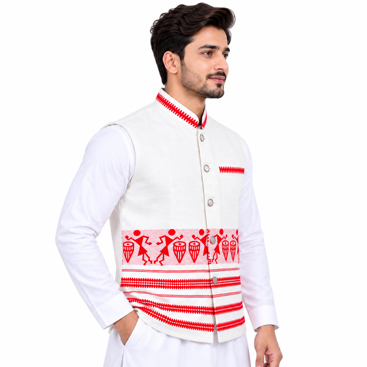 Johar Tribal Mart Men’s Khadi Cotton Tribal Design Bundi – Traditional Ethnic Wear D01