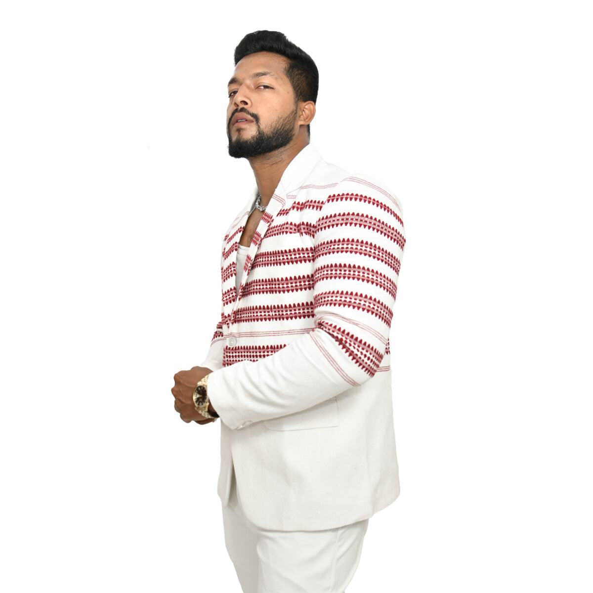 Johar Tribal Mart Kukhena Traditional Blazer Pure Khadi White & Red