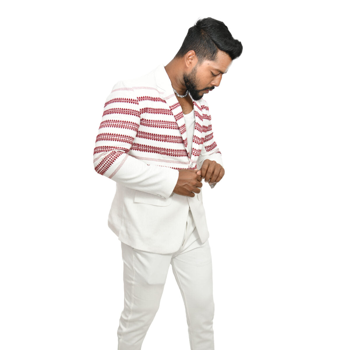 Johar Tribal Mart Kukhena Traditional Blazer Pure Khadi White & Red