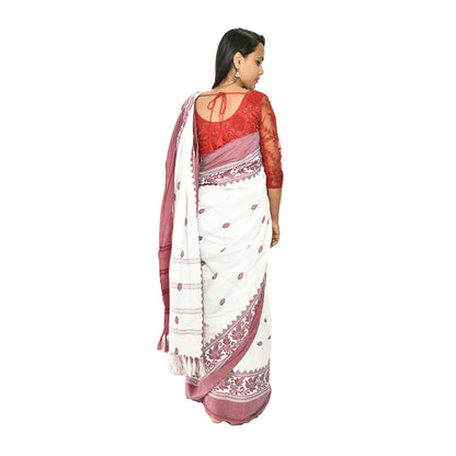 Padhiya Sidhi Tribal Saree Polly Cotton White and Maroon Leaf Work